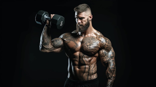 Krachtige stijlvolle bodybuilder met tatoeage op zijn arm