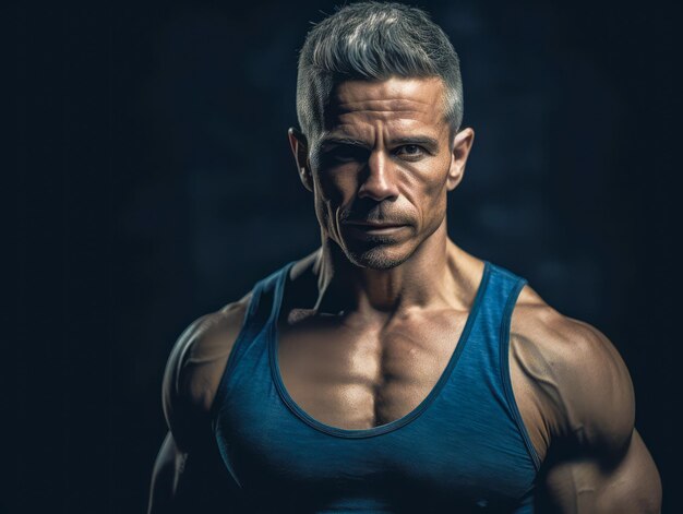 Krachtige volwassen bodybuilder op zwarte achtergrond concept van kracht en gezondheid Generatieve AI