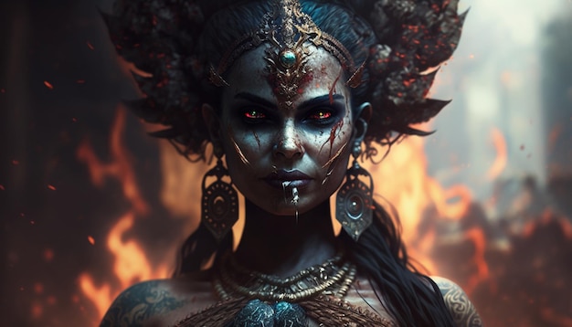 Krachtige weergave van Kali, de hindoeïstische godin van vernietiging en vernieuwing