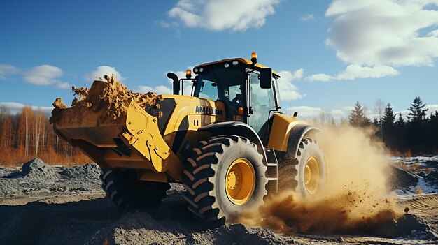 Krachtige wielladers of bulldozers geïsoleerd op de achtergrond van de lucht Lader giet verpletterde steen of grind