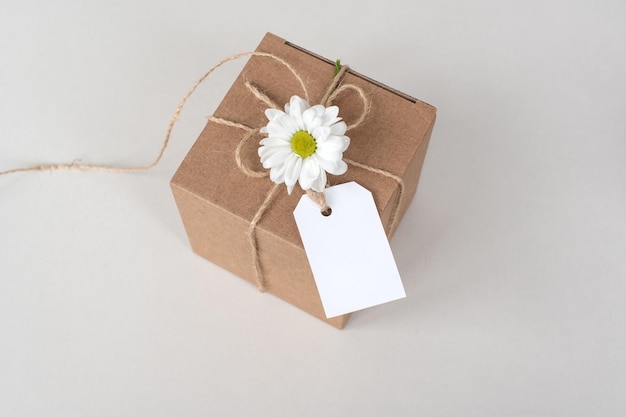 Kraft box with blank label price tag gift wrap top view tag mockup