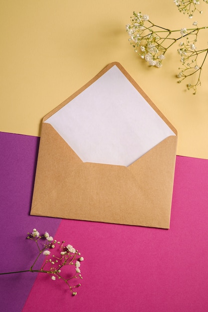 Kraft bruine papieren envelop met witte lege kaart en gypsophila bloemen