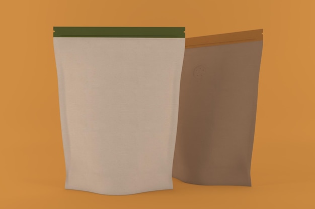 Kraft koffiezakken voorzijde geïsoleerd op oranje achtergrond