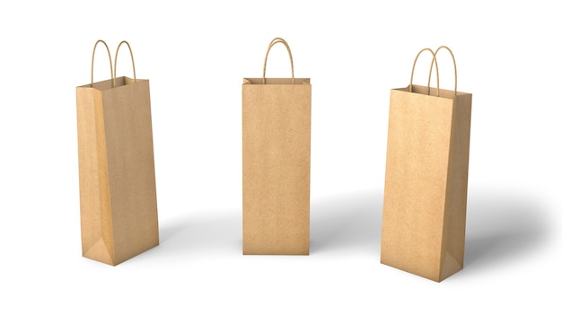 Kraft paper bag for bottles. Mockup Template Isolated On White Background. 3d render