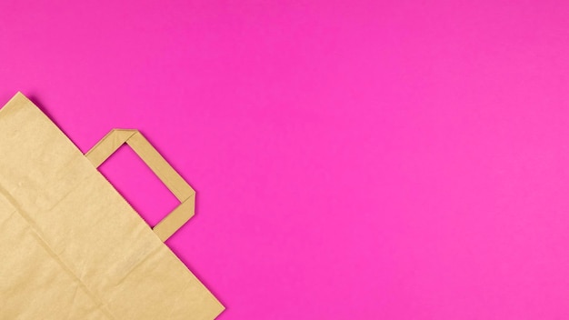 Kraft paper bag on pink background Text space top view