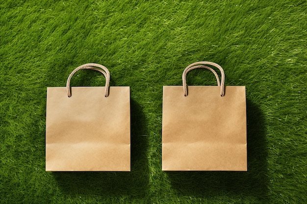 Photo kraft paper sale bags on green grass green friday sustainable consumption sustainability zero waste and sale concept copy space for text