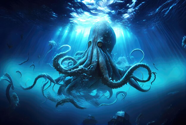 사진 kraken under the deep sea attacking and sinking the ship mythical creatures concept generative ai