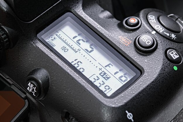 Krakow Poland April 09 2021 Closeup of top lcd screen in Nikon D7500 DSLR camera Nikon is a famous Japanese corporation specializing in optics and imaging products