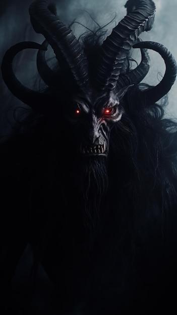 The krampus demon in the dark with horns and red eyes ai