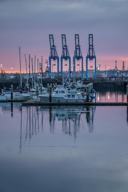 Foto kranen in de haven van tacoma en marina