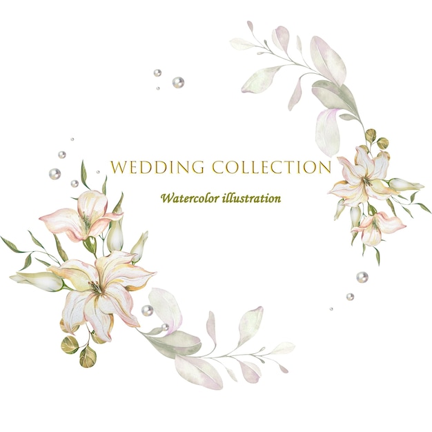 Krans Bouquet Lichte bloemen lelies roze delicate kleuren aquarel illustratie bruiloft vintage thema voor uitnodigingen kaarten huis textiel behang flyers
