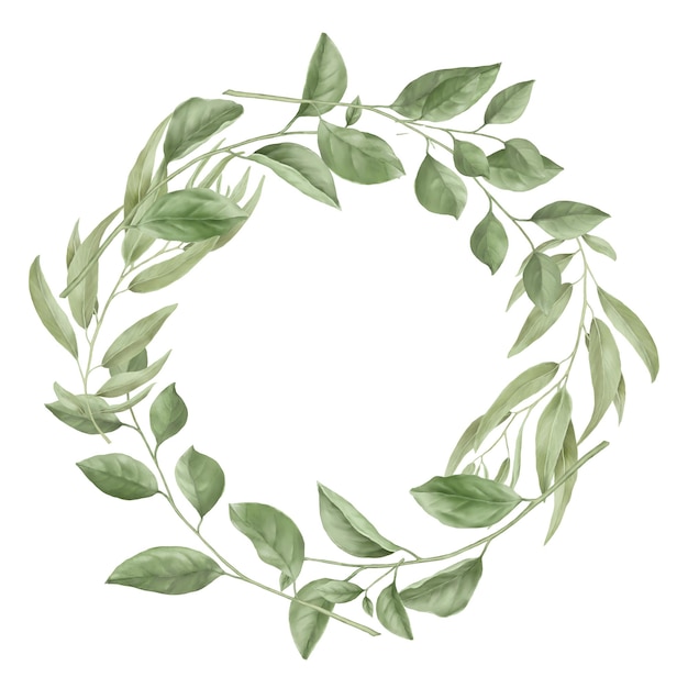 Krans van wilgen en takken met groene bladeren aquarel digitale illustratie rond frame van twijgen