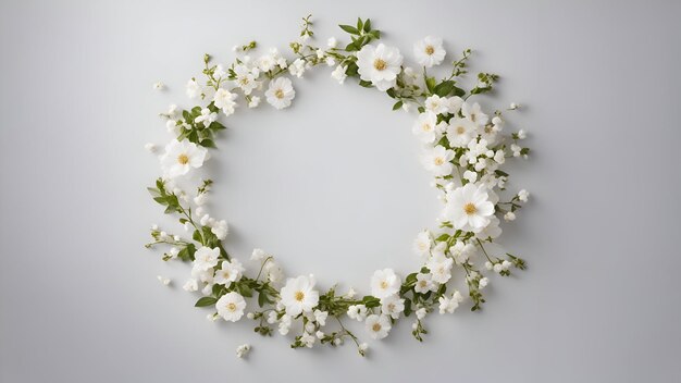 Foto krans van witte bloemen op een witte achtergrond flat lay top view