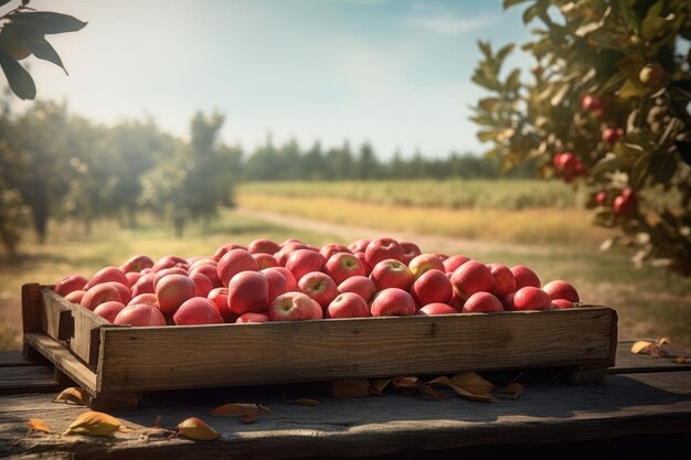 Krat met rode appels op houten oogsttafel AI gegenereerd