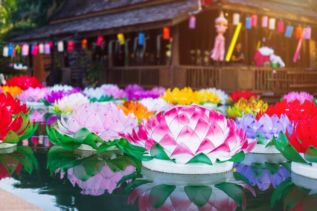 kratong Made of foam is floating on the water for Loy Kratong Festival