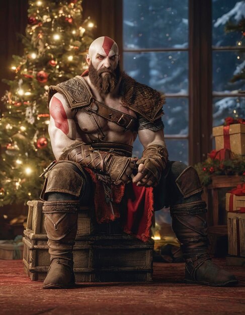 kratos from god of war game sitting in front of a christmas tree