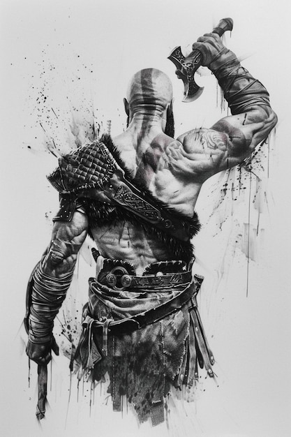 Kratos houdt de bijl in de lucht met zijn gezicht weg ontwerp tatoeage zwarte en grijze stijl