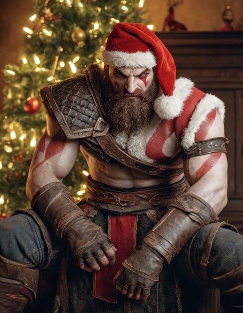 Kratos uit God of War zit voor een kerstboom.