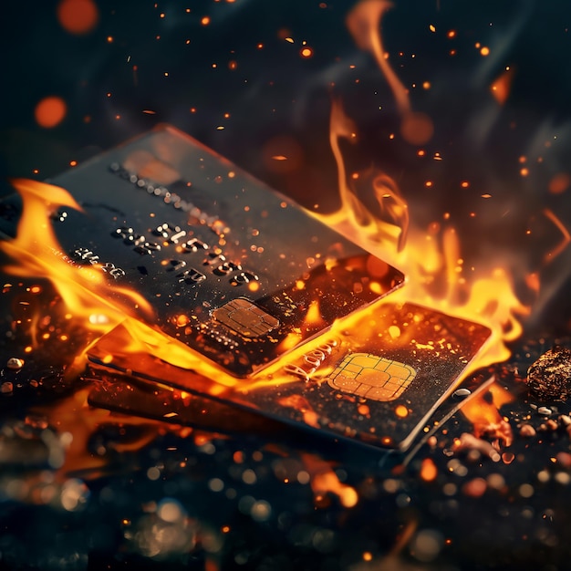 Kredietkaarten in vlammen, smeltend en intens verbrandend.