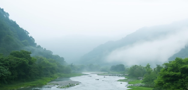 kreek tussen valleien midden rivier Natuur in een mistig bos 3d illustratie