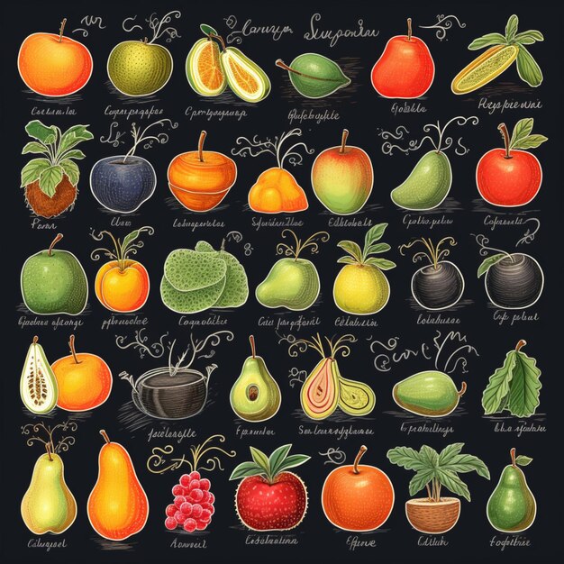 Foto krijt getekende fruit set collectie voorraad foto's ai gegenereerde kunst