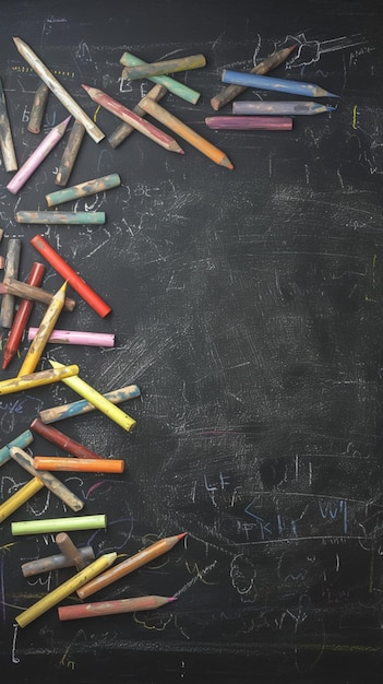 Krijt van verschillende kleuren op het krijtbord creëert een dynamische educatieve achtergrond Verticale mobiele muur