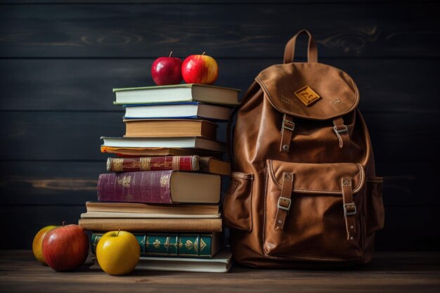 Krijtbord met rugzakboeken en appels op houten bureau Terug naar schoolconcept Generatieve AI