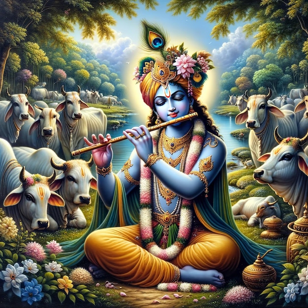 Krishna Janmashtami shree krishna illustratie met koe op de achtergrond