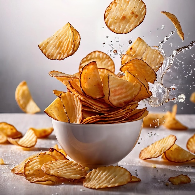 Krispy gebakken aardappelchips populaire snack dynamische voedingsfoto