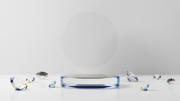 kristalglas podium of voetstuk met glanzende diamant, leeg platform voor product showcase, 3d render