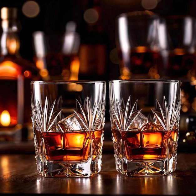 Kristalglas whisky alcoholische drank in een baromgeving