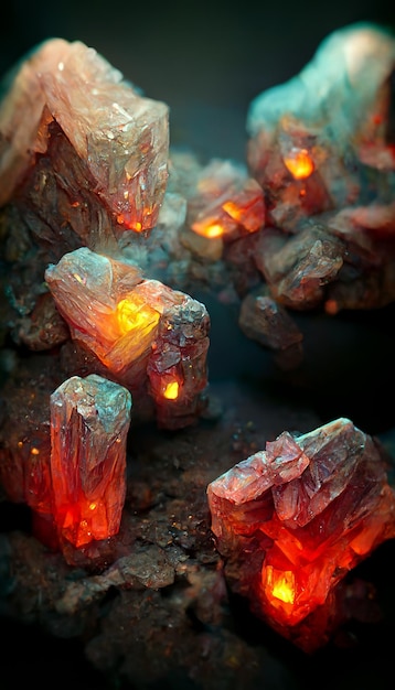 Kristalgrot dwergen mijnbouw gloeiende edelsteen aderen met lasers 3D-rendering