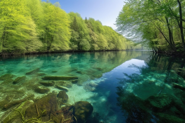 Kristalhelder meer omgeven door weelderig groen bos met een glimp van de blauwe lucht erboven