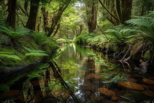 Kristalheldere stroom die langs bosoase stroomt met reflecties van de bomen in het water