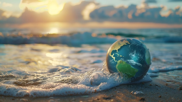 kristallen bal op het strand met spetteringen van water en blauwe lucht