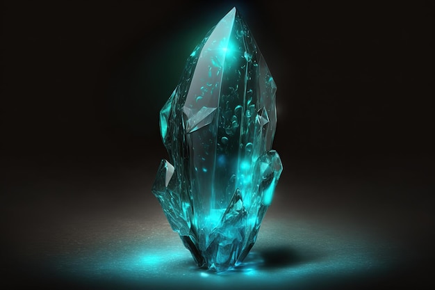 Kristallen edelsteenclusters met gloeiende lichte aura, kwarts of kristallijn mineraal.