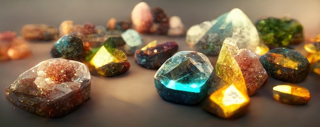 Kristallen en mineralen van edelstenen Esoterische spirituele praktijk Feng Shui reiki therapie concept AI gegenereerde afbeelding