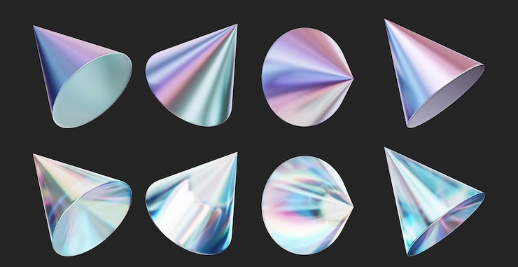 Foto kristallen kegelvorm set geïsoleerd op zwarte achtergrond 3d-rendering zonder gegenereerde ai