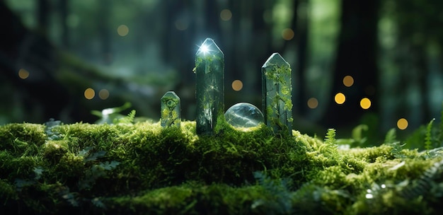 Kristallen met maanstanden beeld van mos in een mysterieuze bos natuurlijke achtergrond Generatieve AI
