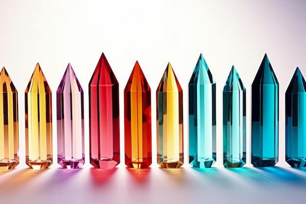 Kristallen prisma's die kleurrijke spectra en scherpe schaduwen op wit werpen