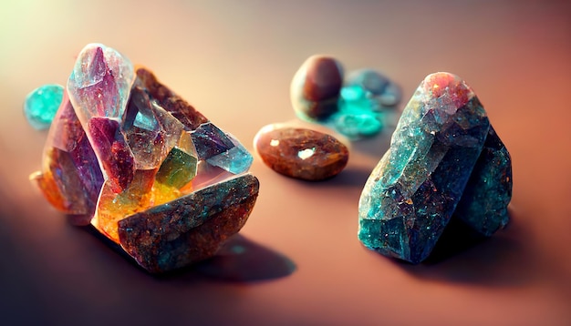 Kristallen stenen kostbare gekleurde mineralen close-up 3d render illustratie