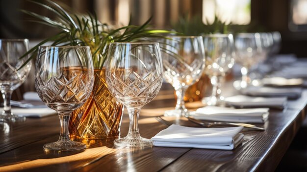 Kristallen wijnglazen op een houten tafel voor een dinerfeest