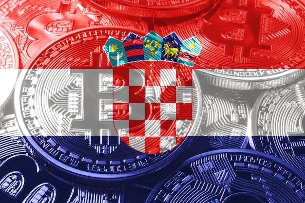 Kroatië bitcoin vlag, nationale vlag cryptocurrency concept zwarte achtergrond