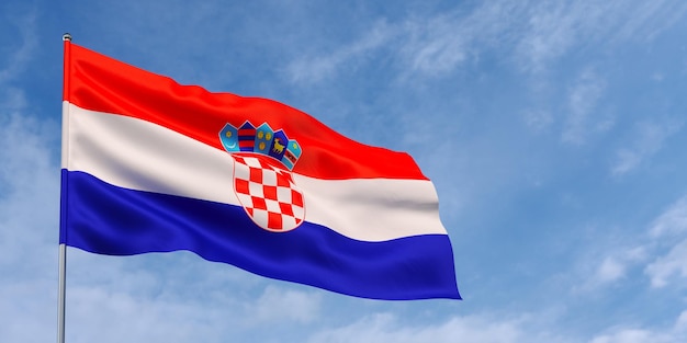 Kroatië vlag op vlaggenmast op blauwe hemelachtergrond Kroatische vlag wapperen in de wind tegen een hemel met wolken Plaats voor tekst 3d illustratie