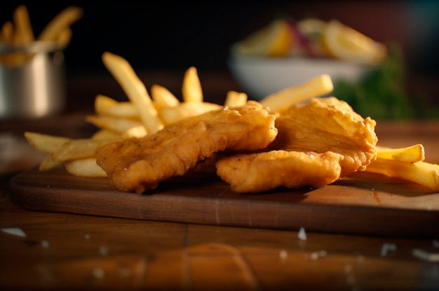 Krokant gebakken visreepjes met frietjes op rustieke houten tafel AI gegenereerd