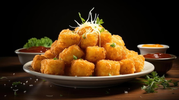 Krokante aardappelkoekjes met hartige zoute kruiden op houten tafel met zwarte en onscherpe achtergrond