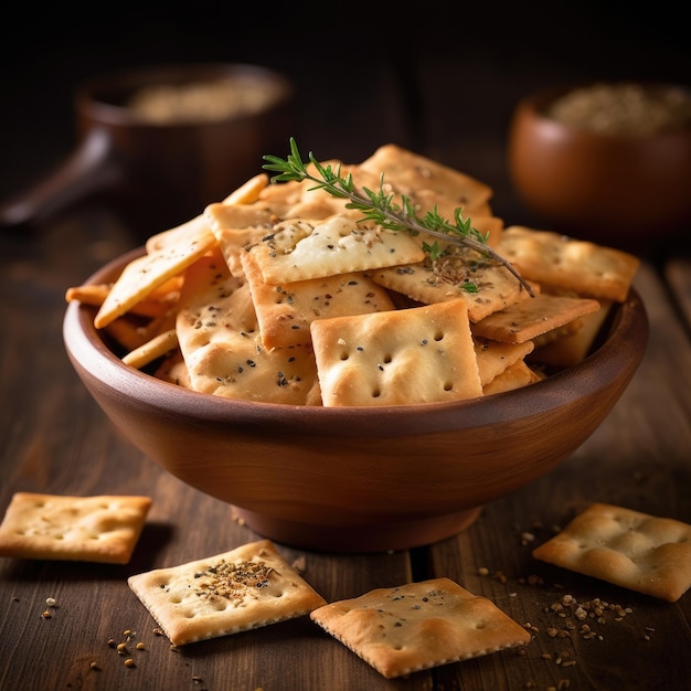 Foto krokante crackers in een kom op een houten tafel generatieve ai