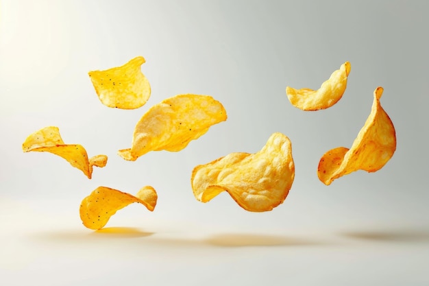 Krokante en knapperige chips vliegen in de lucht tegen een effen witte achtergrond