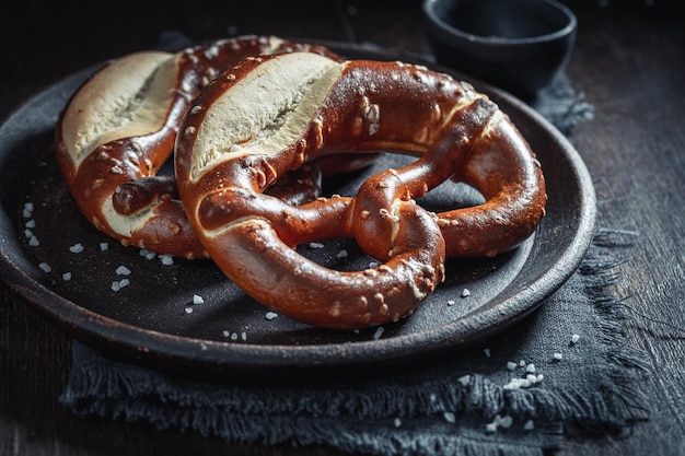 Foto krokante en warme pretzels met zout vers gebakken thuis