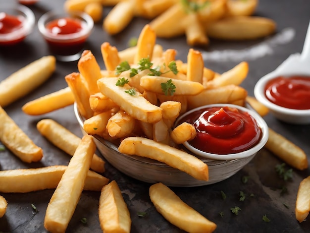 Krokante frietjes met ketchup en saus